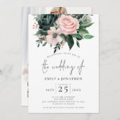 エメラルド赤面フローラフォトオーバーレイ結婚QRコード 招待状 (正面/裏面)