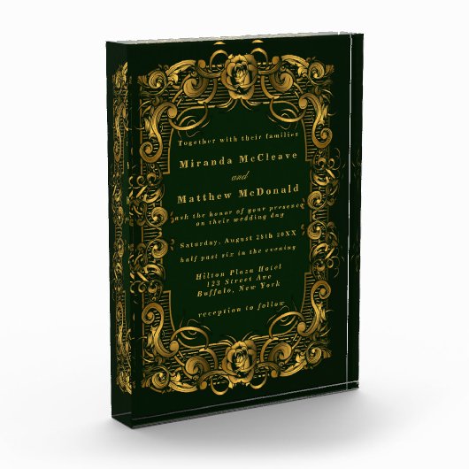 エメラルド金ゴールドオーナメント記念ウェディング招待 フォトブロック (左)