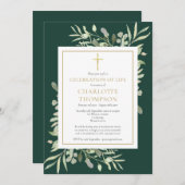 エメラルド金ゴールドグリーンお祝いの葬式 招待状 (正面/裏面)