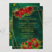 エメラルド金ゴールドジオメトリックレッドローズリハーサルディナー 招待状 (正面/裏面)