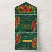 エメラルド金ゴールドジオメトリレッド結婚フローラ オールインワン招待状 (内側)
