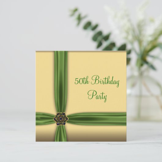 エメラルド金ゴールドジュエル50th誕生日招待状 招待状 (スタンド正面)