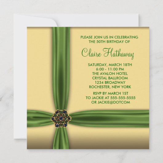 エメラルド金ゴールドジュエル50th誕生日招待状 招待状 (裏面)