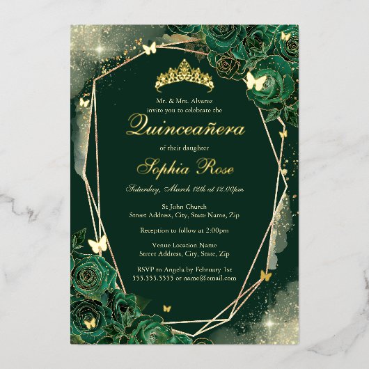 エメラルド金ゴールドバタフライフローラキンセアニェラ 箔招待状 (正面)