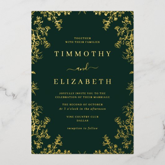 エメラルド金ゴールドフローラエレガントウェディング 箔招待状 (正面)
