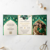エメラルド金ゴールドフローラカーテンインディアンヒンドゥー結婚ズ 三つ折り招待状 (内部)