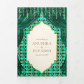 エメラルド金ゴールドフローラカーテンインディアンヒンドゥー結婚ズ 三つ折り招待状 (カバー)