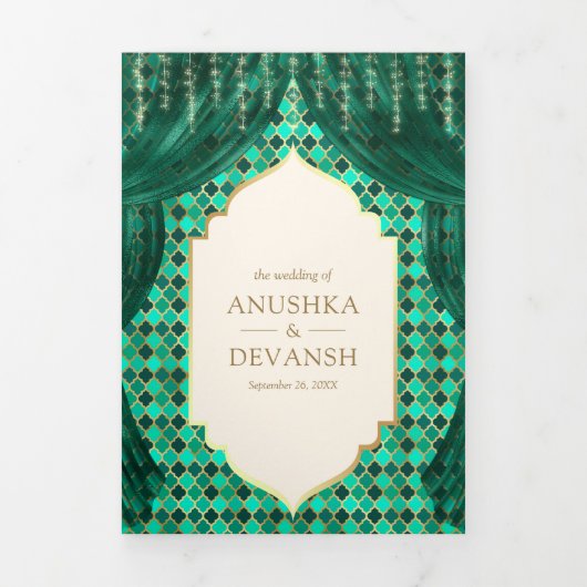エメラルド金ゴールドフローラカーテンインディアンヒンドゥー結婚ズ 三つ折り招待状 (カバー)