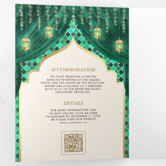 エメラルド金ゴールドフローラカーテンインディアンヒンドゥー結婚ズ 三つ折り招待状 (内部最初)