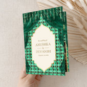 エメラルド金ゴールドフローラカーテンインディアンヒンドゥー結婚ズ 招待状