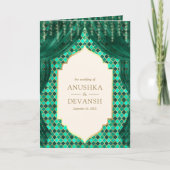 エメラルド金ゴールドフローラカーテンインディアンヒンドゥー結婚ズ 招待状 (正面)