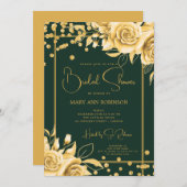エメラルド金ゴールドフローラグリッターブライダルシャワー 招待状 (正面/裏面)