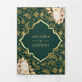 エメラルド金ゴールドペイズリーフローラQRコードインディアン結婚ズ 三つ折り招待状 (カバー)