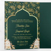 エメラルド金ゴールドペイズリーフローラQRコードインディアン結婚ズ 三つ折り招待状 (内部最初)