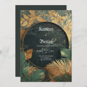 エメラルド金ゴールドマーブルトロピカル結婚VIP 招待状 (正面/裏面)