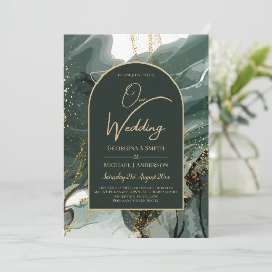 エメラルド金ゴールドマーブルプリントまたはデジ結婚タル 招待状 (スタンド正面)