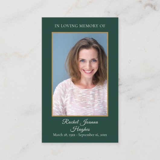 エメラルド金ゴールド写真葬儀記念祈りの言葉カード 名刺 (正面)