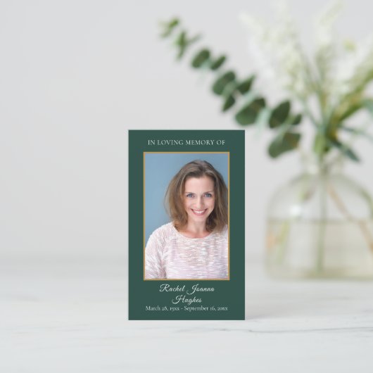 エメラルド金ゴールド写真葬儀記念祈りの言葉カード 名刺 (スタンド正面)