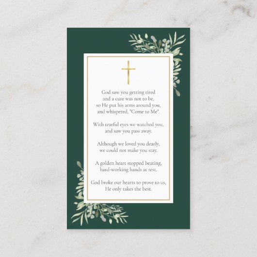 エメラルド金ゴールド写真葬儀記念祈りの言葉カード 名刺 (裏面)