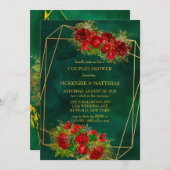 エメラルド金ゴールド幾何学的な赤い花模様カップルシャワー 招待状 (正面/裏面)