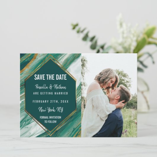 エメラルド金ゴールド抽象芸術アゲート大理石日付を保存 セーブザデート (スタンド正面)