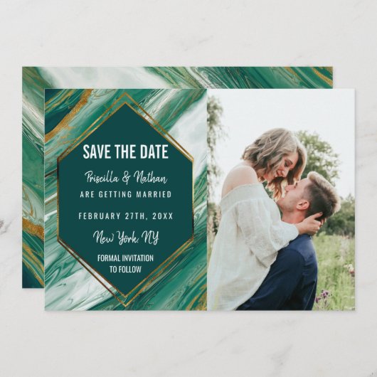 エメラルド金ゴールド抽象芸術アゲート大理石日付を保存 セーブザデート (正面/裏面)