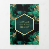 エメラルド金ゴールド抽象芸術流体インクQRコー結婚ド 三つ折り招待状 (カバー)
