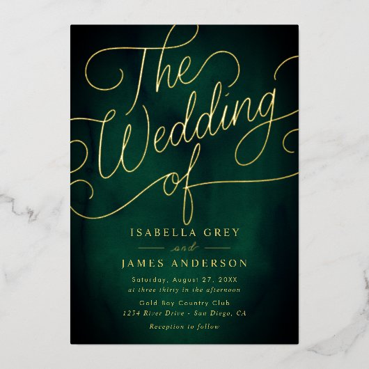エメラルド金ゴールド書結婚文字 箔招待状 (正面)