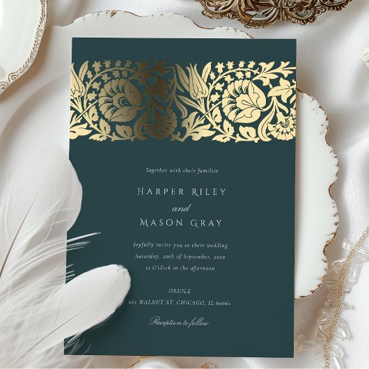 エメラルド金ゴールド結婚フローラ 箔招待状