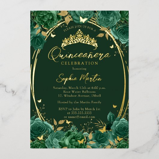 エメラルド魅惑的なフローラバタフライキンセアニェラ 箔招待状 (正面)