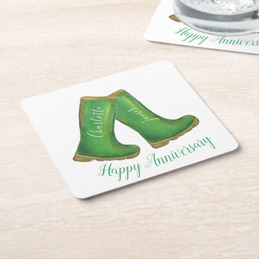 エメラルド55周年結婚のグリーンのウェルビーブーツ スクエアペーパーコースター (アングル)