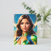 エメラルド・アンド・金ゴールド・アルモの女性スーパーヒーローポートレート ポストカード (スタンド正面)