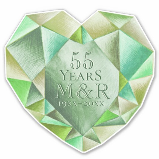 エメラルド ウォーターカラー ハート 55周年結婚記念日 シール (正面)