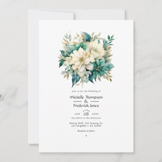 エメラルド、クリーム、金ゴールドフローラ結婚の 招待状 (正面)