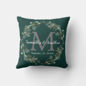 エメラルド・グリーン・ユーカリ・モノグラ結婚ムの記念品 クッション (裏面)
