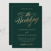 エメラルド・グリーン・金ゴールドエレガント・カ結婚リグラフィ・イン 招待状 (正面/裏面)