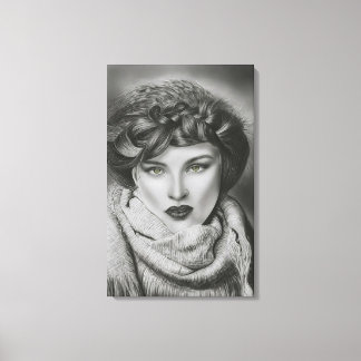 エメラルド・ゲイズ - 超現実的な木炭の肖像画アート キャンバスプリント