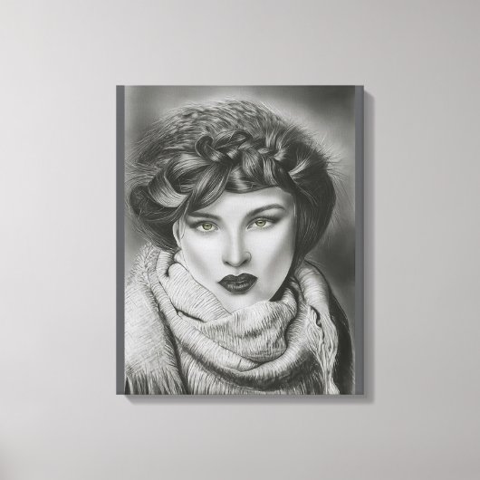 エメラルド・ゲイズ - 超現実的な木炭の肖像画アート キャンバスプリント (正面)