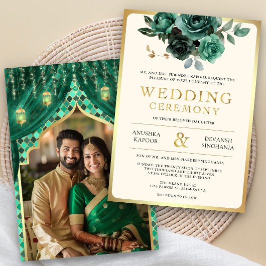 エメラルド ゴールド フラワー インド ヒンドゥー 写真 結婚式 招待状