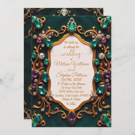 エメラルド&サファイアラグジュアリー結婚ズ 招待状 (正面/裏面)