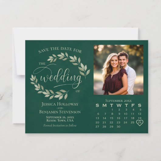 エメラルド&セージ離れズフォトカレンダー日付を保存 マグネット招待状 (正面)