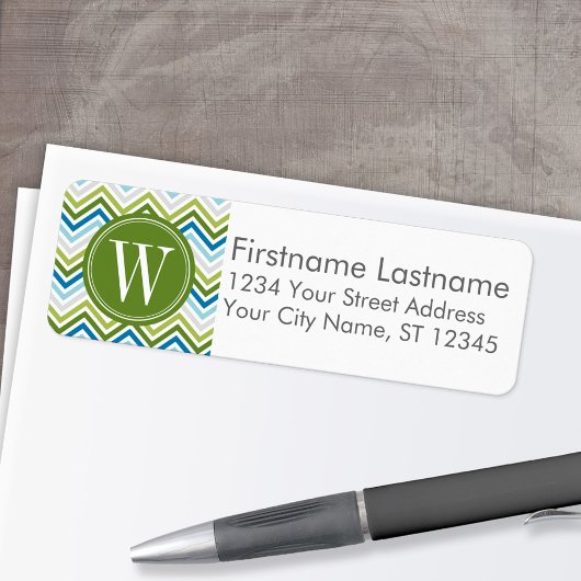 エメラルド&ティール(緑がかった色)モダンシェブロンパターンモノグラム ラベル