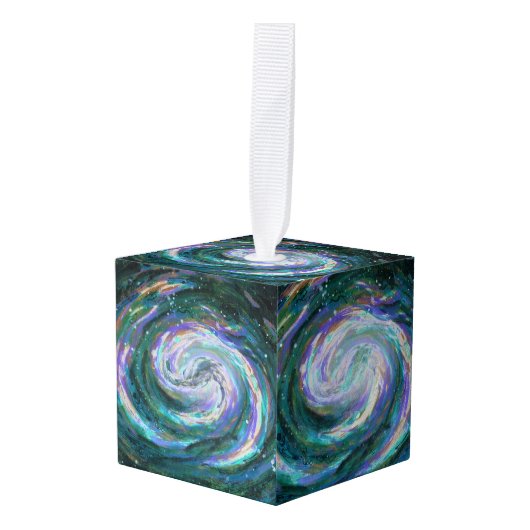 エメラルド&パープル銀河系 キューブオーナメント (正面アングル)