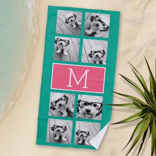 エメラルド&ピンクインスタグラム8フォトコラージモノグラム ビーチタオル