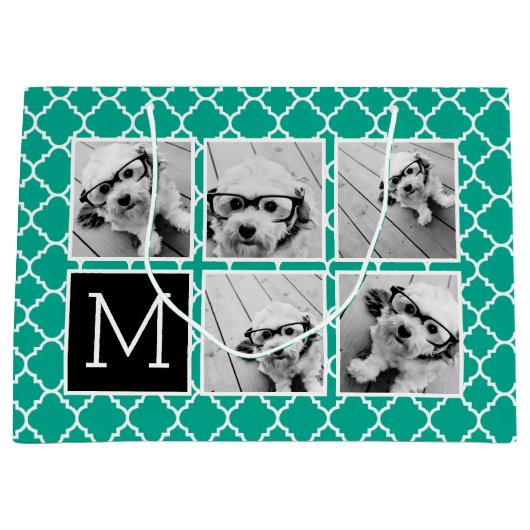 エメラルド&ブラックインスタグラム5フォトコラージモノグラム ラージペーパーバッグ (正面)