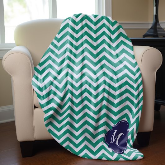 エメラルド&ブルージグザグパターンモノグラム フリースブランケット