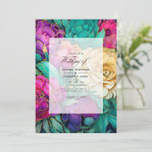 エメラルド、ホットピンクと金ゴールド結婚フローラ 招待状 (スタンド正面)