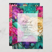 エメラルド、ホットピンクと金ゴールド結婚フローラ 招待状 (正面/裏面)