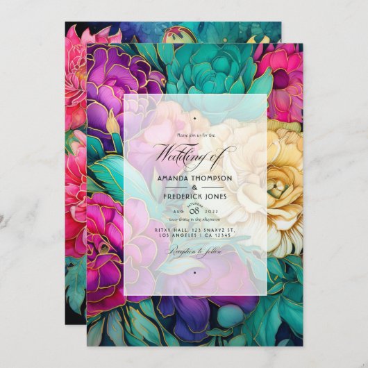 エメラルド、ホットピンクと金ゴールド結婚フローラ 招待状 (正面/裏面)