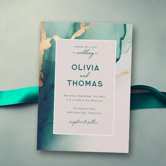 エメラルド モダン フレーム エレガント シンプル ビーチ ウェディング 招待状